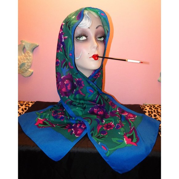 Vintage Purple & Blue Floral Scarf pinup retro rockabilly head wrap bow neck - Picture 2 of 10